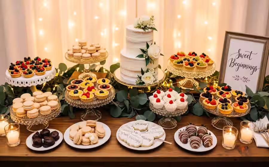 Mesa de dulces en CDMX con montaje premium y estructura horizontal para evento de alto nivel