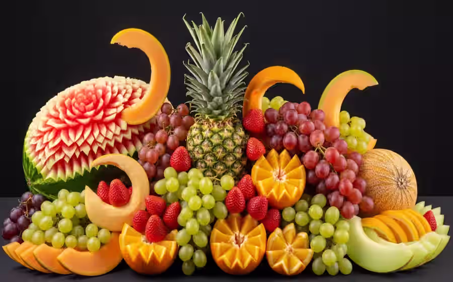 Mesa de frutas variada para evento social con estilo premium y servicio fluido