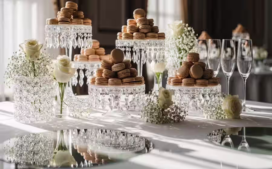 Mesa de postres premium en evento social con montaje elegante y control visual por niveles
