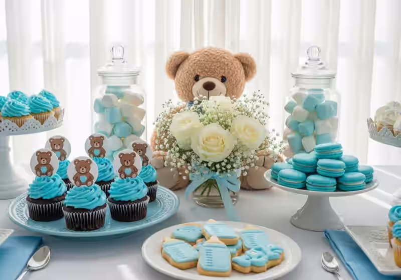 Mesa de dulces para baby shower en CDMX con diseno tematico y montaje funcional