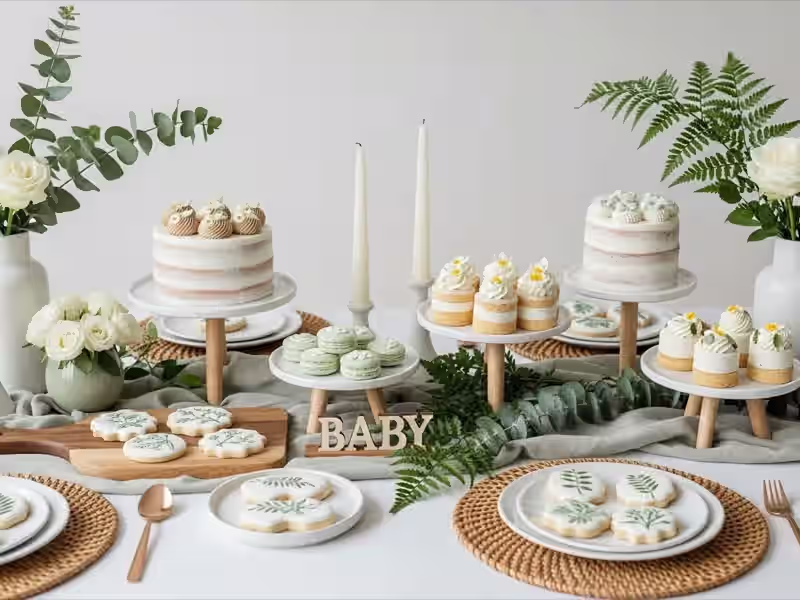 Candy bar para baby shower en paleta botanica de eucalipto y macarons verdes con elementos artesanales para baby shower en departamento de la Condesa CDMX