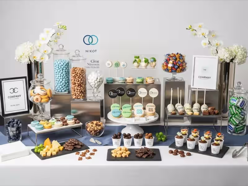 Mesa de dulces contemporánea con geometría iluminada para boda moderna minimalista