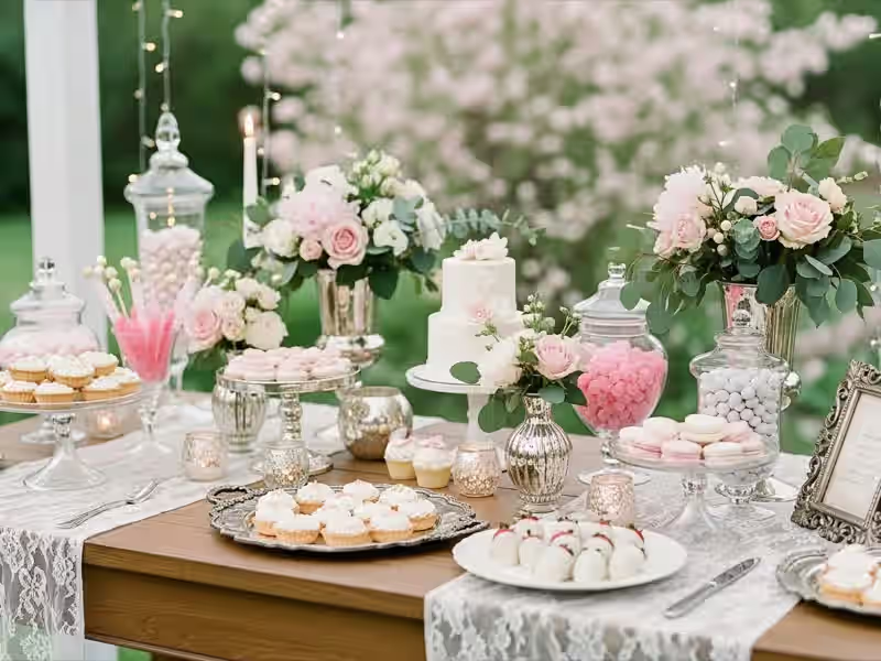 Mesa de dulces con backdrop floral elegante y montaje profesional en boda exterior