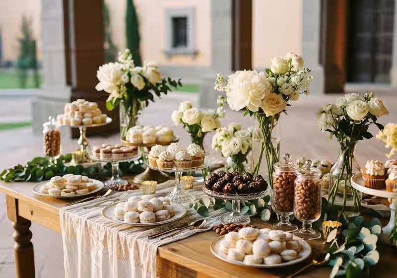 Candy bar para boda en jardin exterior con iluminacion de luces colgantes y flores naturales coordinadas con la decoracion general del evento en CDMX