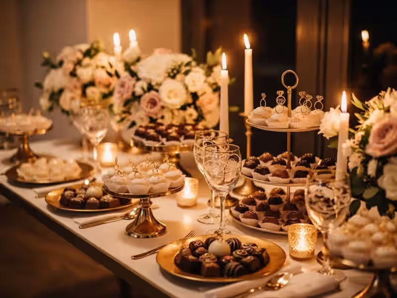 Candy bar de alto nivel para boda en Polanco con chocolates belgas en piramide y cristaleria dorada importada coordinada con la decoracion del salon