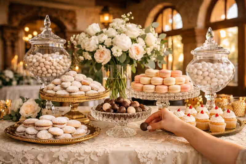 Mesa de dulces con cristaleria de lujo y flores naturales para boda premium en Metepec