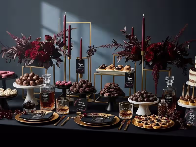 Mesa de dulces corporativa premium con chocolates finos y estación de palomitas gourmet con branding para activación de marca y XV años en CDMX
