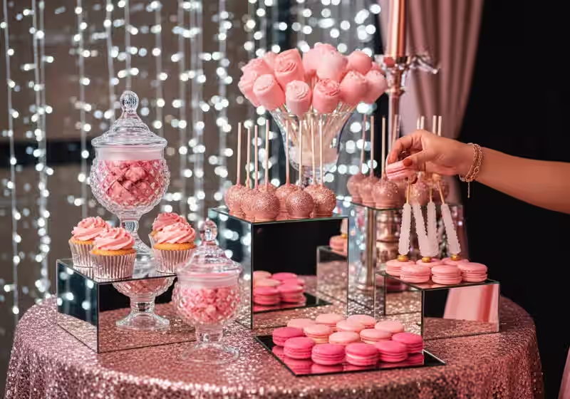 Mesa de dulces para lanzamiento de producto con presentacion editorial elegante para evento empresarial premium