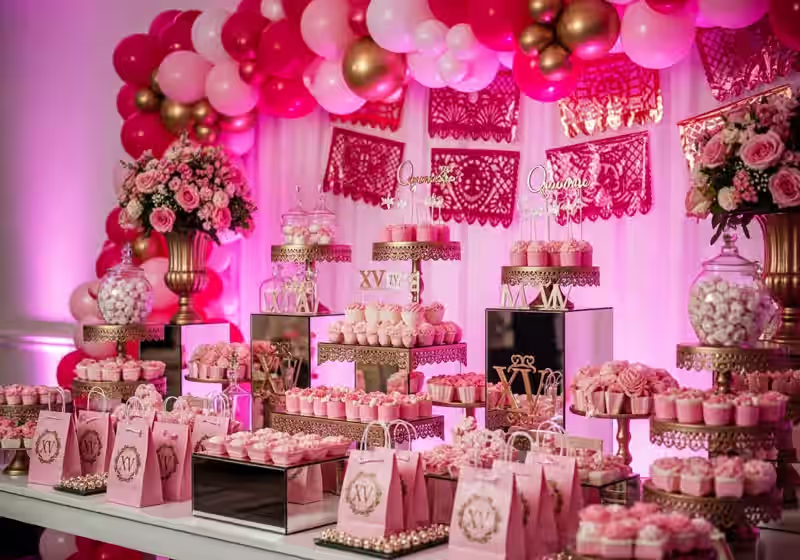 Candy bar para XV anos con paleta rosa elegante y globos coordinados para quinceanera en Metepec