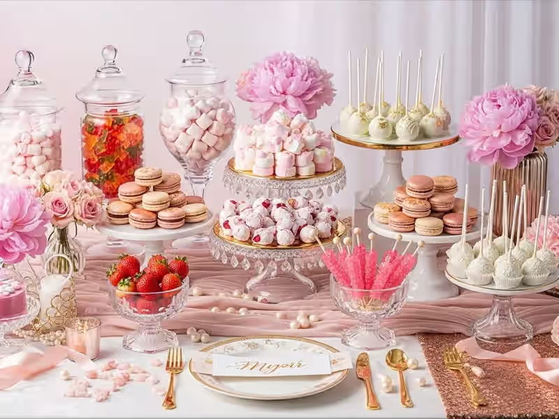 Mesa de dulces para XV años en rosa y dorado con gomitas y fresas