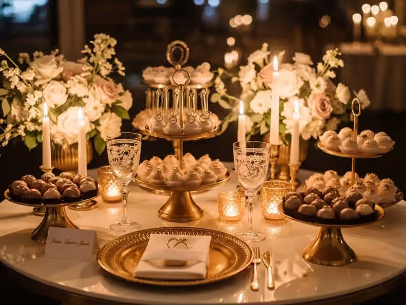 Mesa de dulces sofisticada con dorado, velas y composición editorial premium para boda elegante