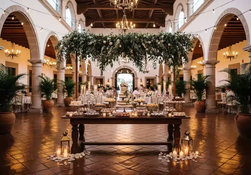 Mesa de dulces para boda elegante en hacienda colonial de Metepec con mobiliario de madera, cristaleria con textura y flores naturales coordinadas con la arquitectura del siglo XVIII