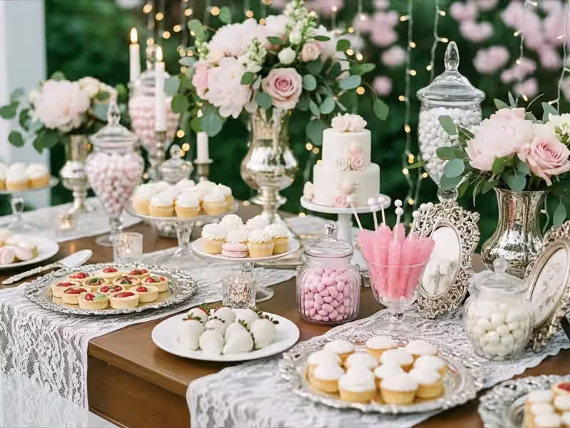 Mesa de dulces para boda con flores rosas y composicion exterior elegante para jardin del Valle