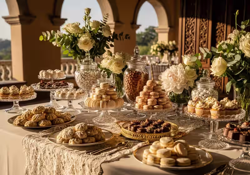 Mesa de dulces para boda elegante en terraza de hacienda con cristaleria dorada, macarons en torre y composicion coordinada con la arquitectura colonial del venue en Metepec Estado de Mexico