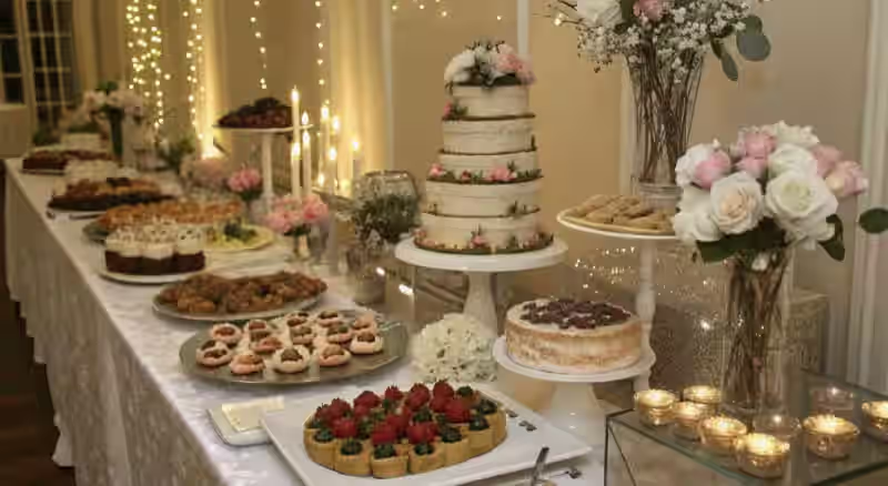 Mesa de dulces profesional con cristaleria y mobiliario de calidad para evento en el Valle
