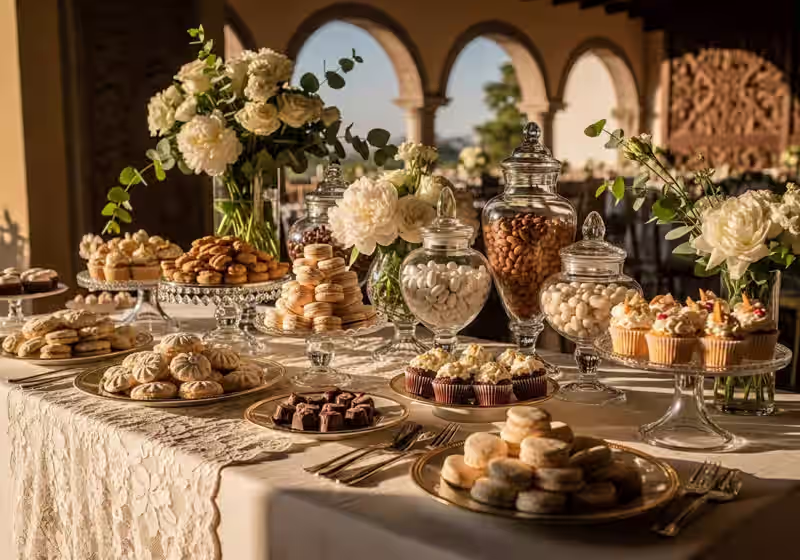 Mesa de dulces clasica con cristaleria y mobiliario editorial para eventos en colonia residencial del corredor Boulevard Toluca-Metepec