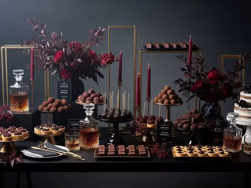 Mesa de dulces corporativa premium con chocolates finos y presentacion ejecutiva oscura para evento empresarial en Toluca o Lerma