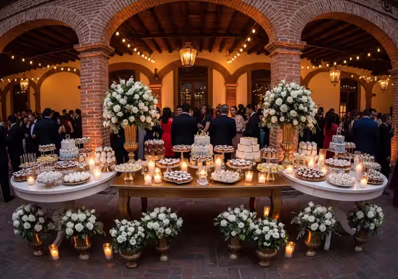 Mesa de dulces de nivel luxury con cristaleria y postres gourmet para evento en Metepec