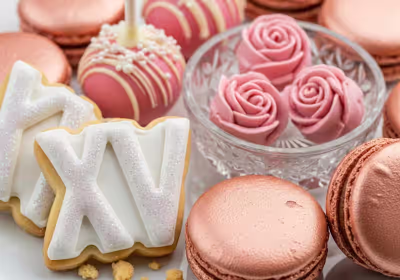 Mesa de dulces para XV anos con paleta rosa y composicion romantica con flores para quinceanera elegante en Metepec