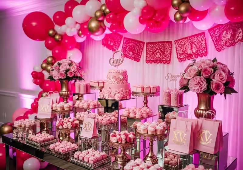 Mesa de dulces lujosa para XV anos con cristaleria rosa importada, macarons en torre y composicion elegante para quinceañera en salon premium de Del Valle CDMX
