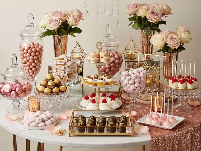 Mesa de dulces para XV anos en paleta lila y morado elegante con macarons coordinados y cristaleria para quinceañera en salon de Del Valle o Narvarte CDMX
