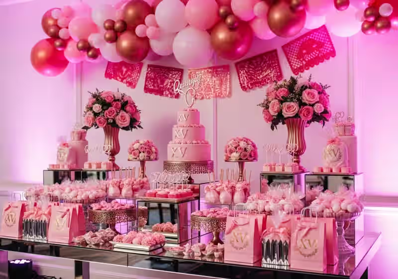 Mesa de dulces para XV anos con candy wall rosa y dorado en salon de eventos de Toluca