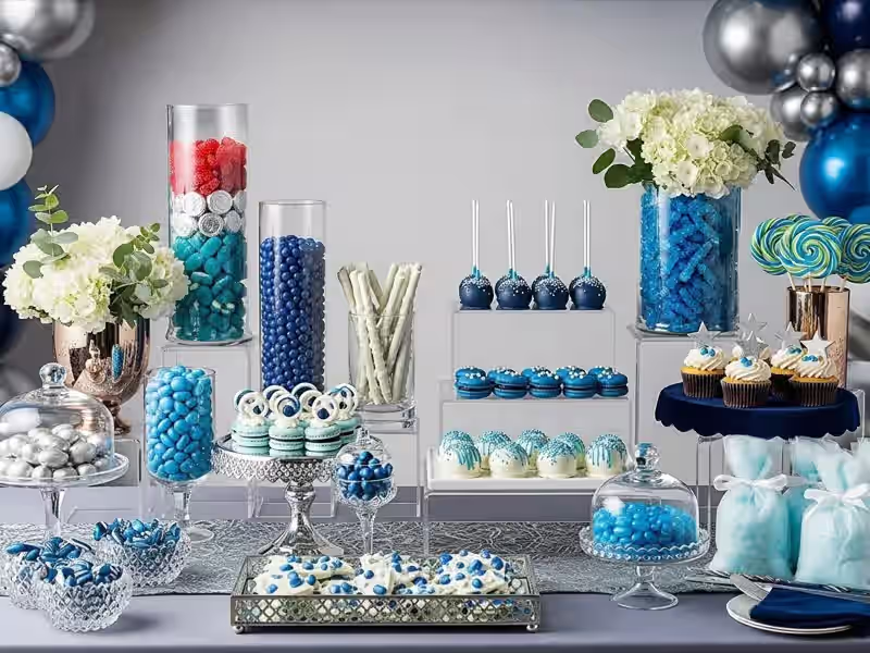 Candy bar con flores naturales y paleta romantica para quinceañera en salon de Metepec