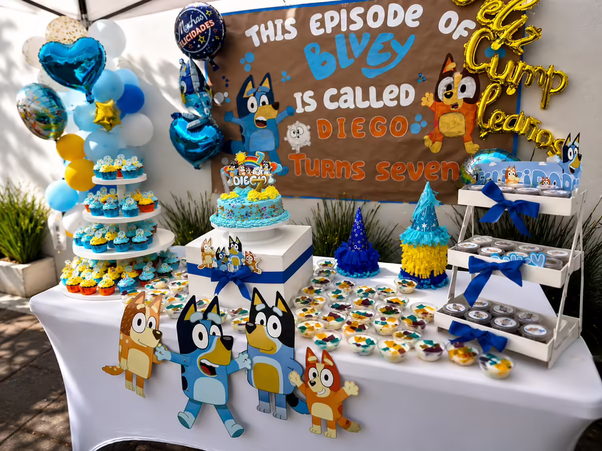 Mesa de postres Bluey completa con cupcakes azules y amarillos en torre, gelatinas tematicas, pastel principal y dulces sueltos en frascos transparentes para cumpleanos infantil