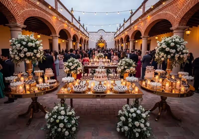 Mesa de postres gourmet con eclairs, tartaletas y macarons para boda en hacienda del Valle de Toluca